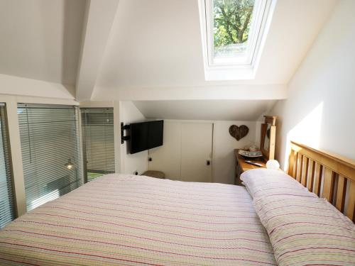 1 dormitorio con 1 cama grande y ventana en Trelessy Lodge, en Amroth