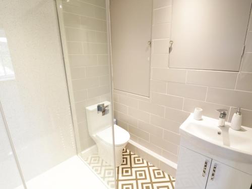 a white bathroom with a toilet and a sink at Olive Cottage in Richmond