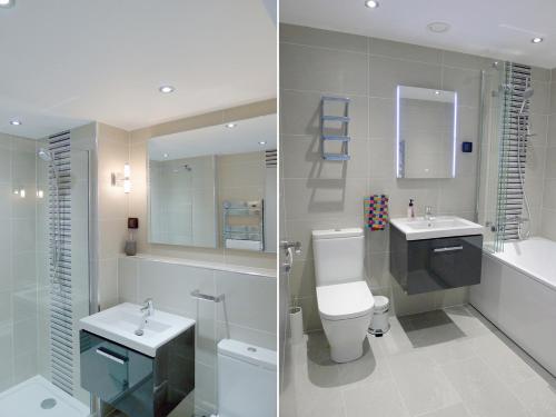 two pictures of a bathroom with a toilet and a sink at 5 Arlington Villas in Ilfracombe