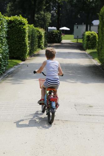 a young child riding a bike down a road at Camping Houtum in Kasterlee
