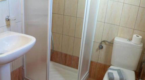 een badkamer met een douche, een toilet en een wastafel bij Plaka Hotel II in Plaka