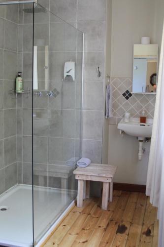 a bathroom with a shower and a sink at Ripple Hill Hotel in Patensie