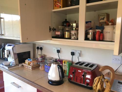 a kitchen counter with a toaster and a coffee maker at Glan Llyn Farm House in Mold