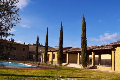 a villa with a swimming pool and cypress trees at Le Checche in Pienza