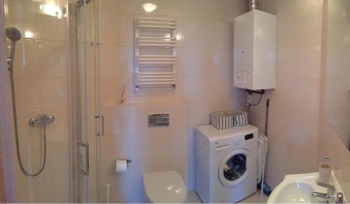 ダルウフコにあるSłoneczny Apartamentのバスルーム(シャワー、洗濯機付)