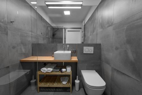 ポズナンにあるApartamenty Benthos Towarowaのバスルーム(トイレ、洗面台付)
