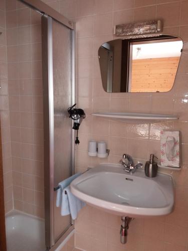 ein Bad mit einem Waschbecken und einer Dusche in der Unterkunft Haus Bergkranz in Lermoos