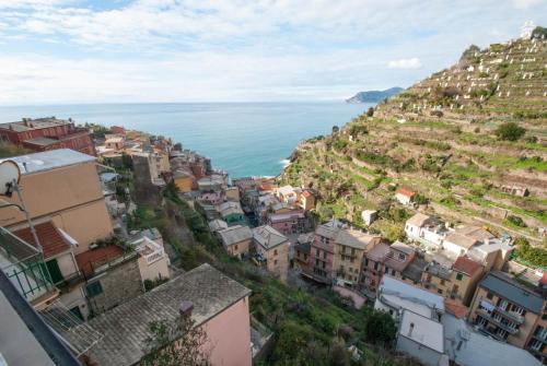 an aerial view of a city with the ocean at Luxury Seaview Apartments Manarola by Arbaspàa in Manarola