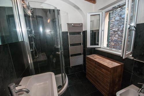 a bathroom with a shower and a sink and a toilet at Luxury Seaview Apartments Manarola by Arbaspàa in Manarola