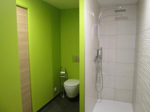 zieloną łazienkę z toaletą i prysznicem. w obiekcie Residence du Parc w Belfort