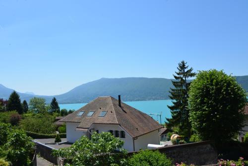 une maison avec un toit et un lac en arrière-plan dans l'établissement La-Villanelle - Magnifique vue sur le lac, 5 minutes à pied de la plage, à Veyrier-du-Lac