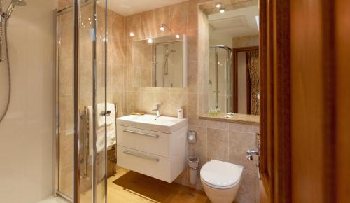 a bathroom with a toilet and a shower and a sink at Heads Nook Hall Cottage in Carlisle