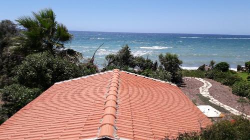 an orange roof of a house next to the ocean at Rita SeaView Apartment in Pervolia