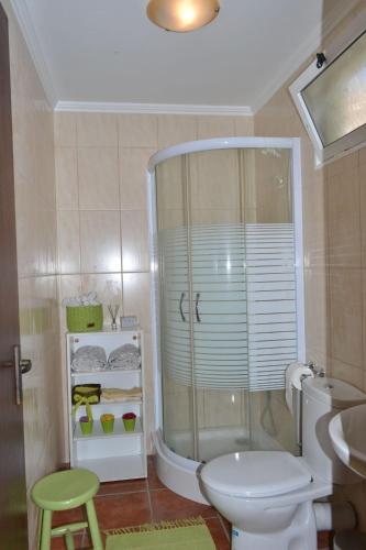 a bathroom with a shower and a toilet and a stool at Bela Vista in Funchal