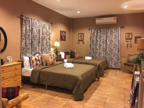 Si Khio的住宿－The Green Land Farm，一间带两张床和一张沙发的卧室