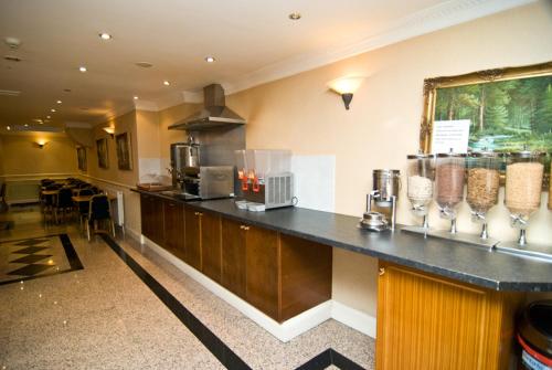a kitchen with a stove and a counter top at Alexandra Hotel in London