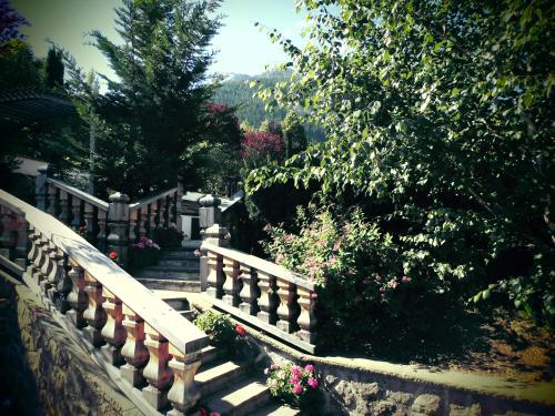 a stairway with a fence and some flowers at Belvedere Dolomites Flower Hotel in Moena