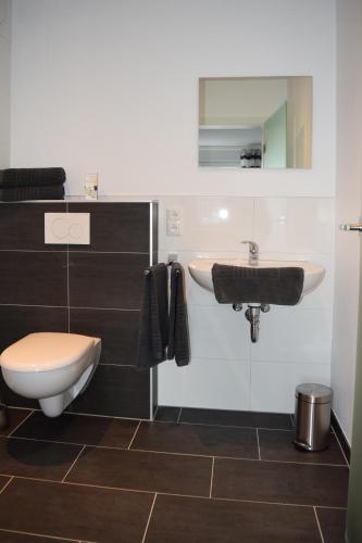 a bathroom with a toilet and a sink at Ferienwohnung Palmen in Gangelt