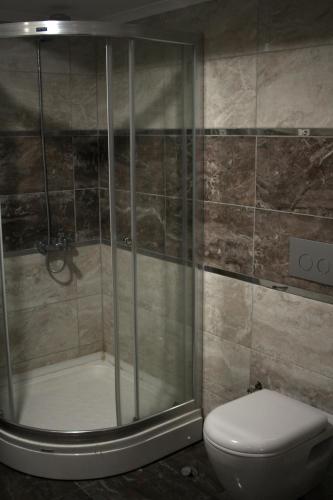 a bathroom with a shower and a toilet at Pera City Hotel in Ankara