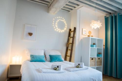 une chambre avec un grand lit blanc avec des oreillers bleus dans l'établissement Le Sathonay - Loft Terrasse - Lyon Centre - Majord'Home, à Lyon