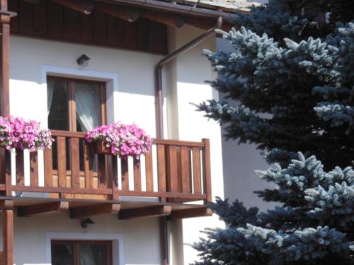 un balcone con fiori rosa su un edificio di Casa Alfredo a Cogne