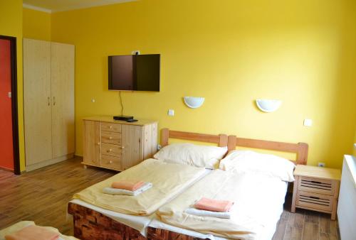 a bedroom with a bed and a tv on the wall at Penzion Čertovy Kameny in Jeseník