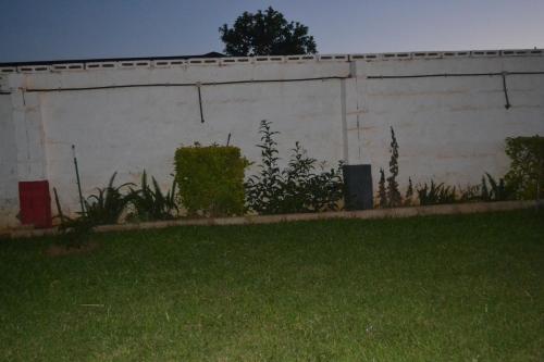 a large white wall with grass in front of it at Honeybed Lodge in Lusaka