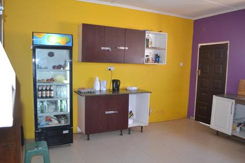 a kitchen with yellow walls and a refrigerator at Honeybed Lodge in Lusaka
