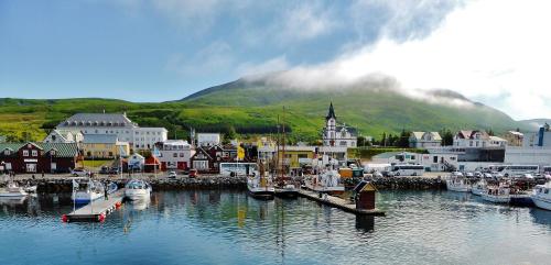 a harbor with boats in the water with a mountain at Post-Plaza Guesthouse in Húsavík
