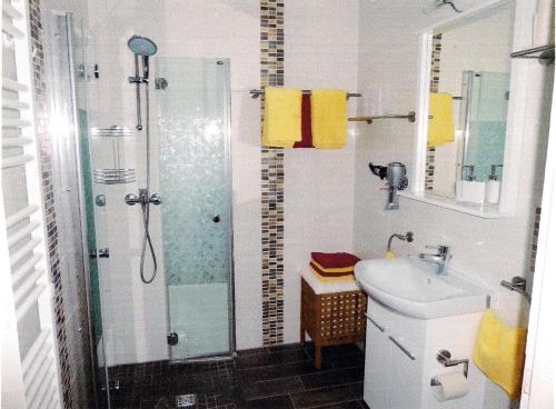 a bathroom with a shower and a sink at Ferienhaus "Finkennest" in Berumbur