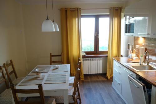 a kitchen with a table and chairs and a window at Bujaków, apartamenty Zdrojowa 58a in Bujaków