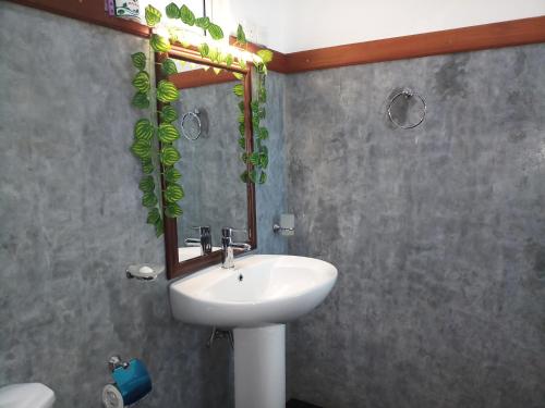 La salle de bains est pourvue d'un lavabo et d'un miroir. dans l'établissement Turtle Bay Beach Resort, à Mirissa