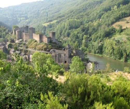 un viejo castillo en una colina junto a un río en La Bruyère, en Brousse-le-Château