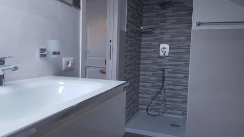 ein weißes Bad mit einem Waschbecken und einer Dusche in der Unterkunft Allegro Luxury B&B in Rocca di Papa