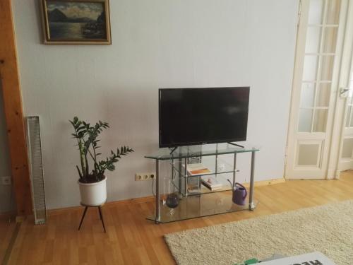 einen Flachbild-TV auf einem Glasständer im Wohnzimmer in der Unterkunft Ferienwohnung ZENTRAL in Eisenach