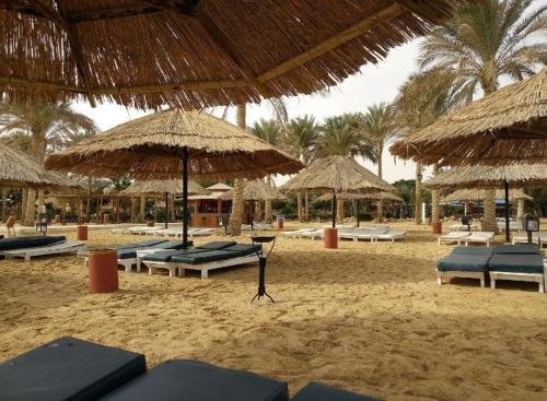 una playa de arena con sombrillas y tumbonas en Palmera El Sokhna Chalets Families Only en Ain Sokhna