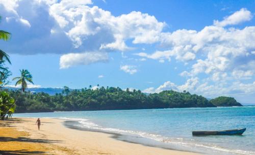 a person walking on a beach with a boat at Casa Delfin Guest House in Las Terrenas