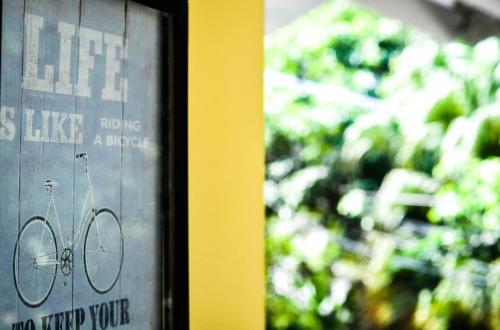 a sign with a bike on the side of a wall at Casa Delfin Guest House in Las Terrenas