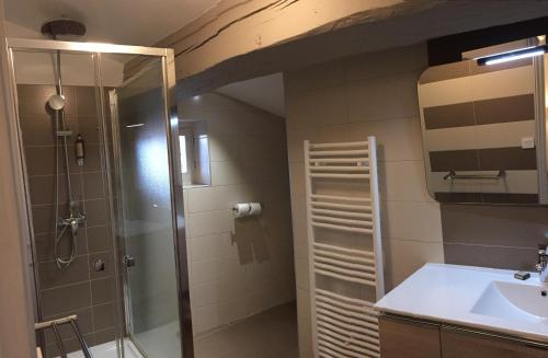 a bathroom with a shower and a sink at Hotel Du Pont Vieux in Carcassonne