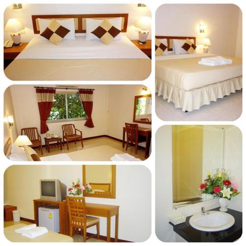 a collage of four pictures of a hotel room at Prachuap Place Hotel in Prachuap Khiri Khan