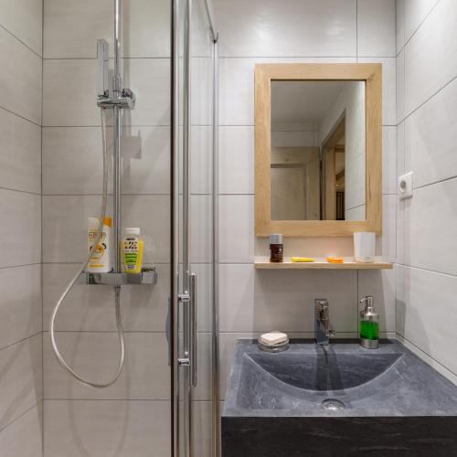 une salle de bain avec une douche avec un lavabo et un miroir dans l'établissement RESIDENCE OLYMPIE 1, à Méribel