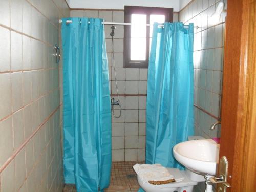 a bathroom with a blue shower curtain and a sink at Casa Rural Arguamul in Vallehermoso