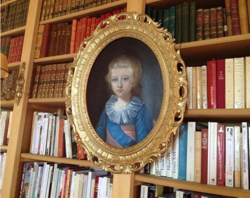 una pintura de un niño en un marco dorado en un estante de libros en Chateau de Thegra, en Balma