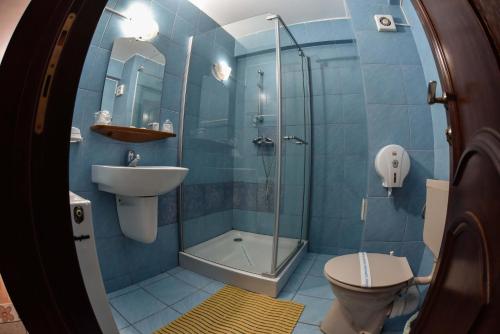 a bathroom with a shower and a toilet and a sink at Hotel Select in Băile Olăneşti