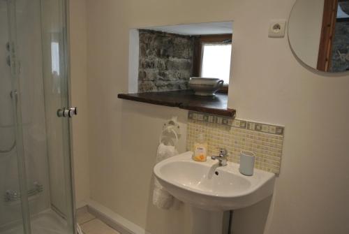 une salle de bain avec un lavabo et un miroir dans l'établissement La Caze Gites, à Broquiès