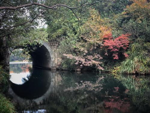 a bridge over a river with trees and reflections in the water at Rock&Wood Cozy House in Hangzhou