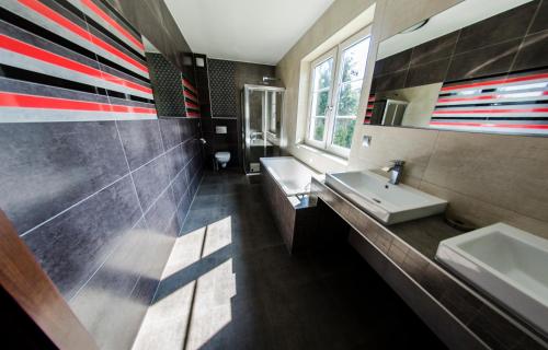 ein Badezimmer mit einem Waschbecken und einer Flagge an der Wand in der Unterkunft Villa Hof in Luboń