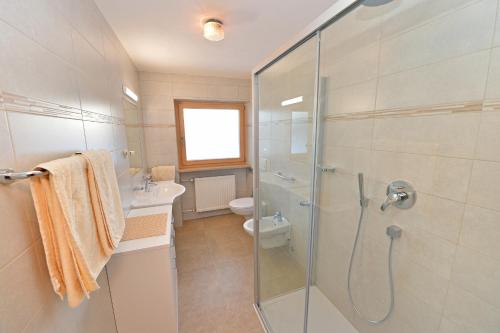 a bathroom with a glass shower and a toilet at Apartments Villa Rosa in Selva di Val Gardena