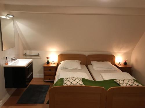 a bedroom with two beds and a sink in it at Vakantiehuis ibu in Altenau