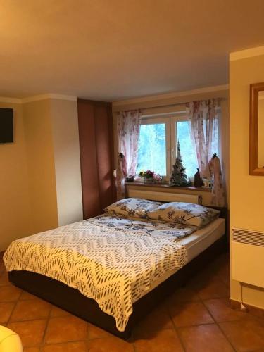 a bedroom with a bed and a window at Leśny Dwór in Wisła